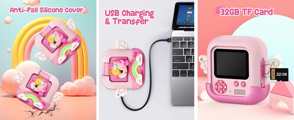 دوربین عکاسی و فیلمبرداری دیجیتال کودک با چاپ فوری حرارتی طرح یونیکورن صورتی مدل M9_ اسباب بازی دیجیتال و هوشمند