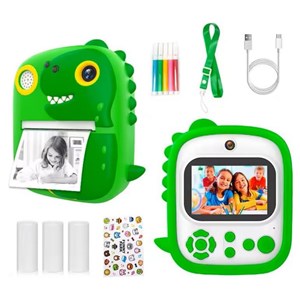 دوربین عکاسی و فیلمبرداری دیجیتال کودک با چاپ فوری حرارتی طرح دایناسور سبز_اسباب بازی دیجیتال و هوشمند