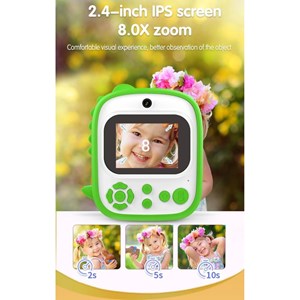 دوربین عکاسی و فیلمبرداری دیجیتال کودک با چاپ فوری حرارتی طرح دایناسور سبز_اسباب بازی دیجیتال و هوشمند