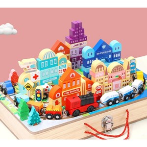 پازل شهر کوچک چوبی تاشو همراه با قطار و ماشین، 90 قطعه مدل TOYARTSY Track Box City_لگو
