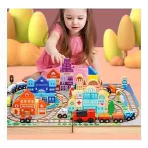 پازل شهر کوچک چوبی تاشو همراه با قطار و ماشین، 90 قطعه مدل TOYARTSY Track Box City_بازی فکری