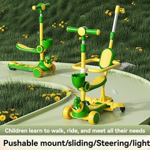 اسکوتر 3 کاره صندلی دار تاشو با 5 چرخ چراغدار و موزیکال رنگ سبز_اسکوتر