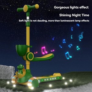 اسکوتر 3 کاره صندلی دار تاشو با 5 چرخ چراغدار و موزیکال رنگ سبز روشن_اسکوتر