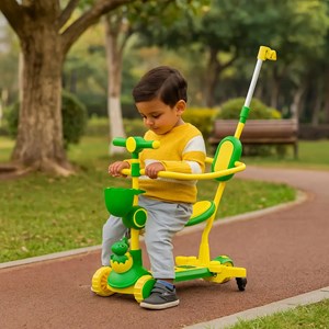 اسکوتر 3 کاره صندلی دار تاشو با 5 چرخ چراغدار و موزیکال رنگ قهوه ای_اسکوتر