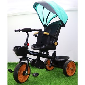 سه چرخه فلزی با سایه بان رنگ فیروزه ای